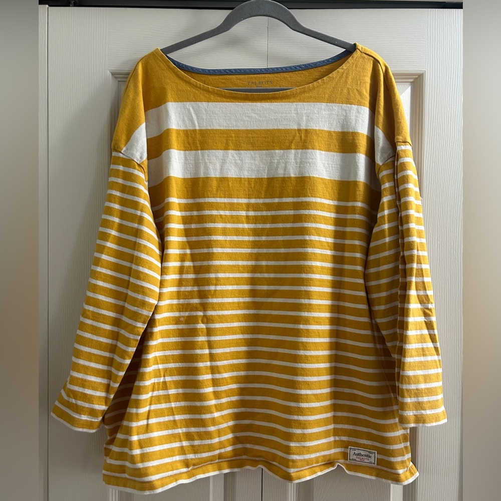 Talbots Shirt Women's Size 3X Mustard Yellow White Stripe Long Sleeve Boatneck